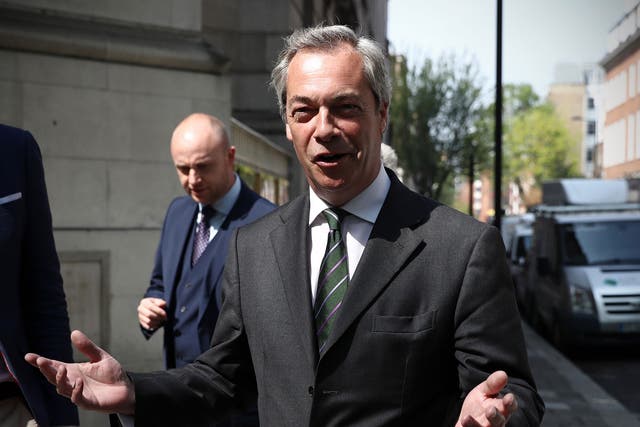 Ukip leader Nigel Farage arrives for a television interview at Millbank Studios on May 12, 2016