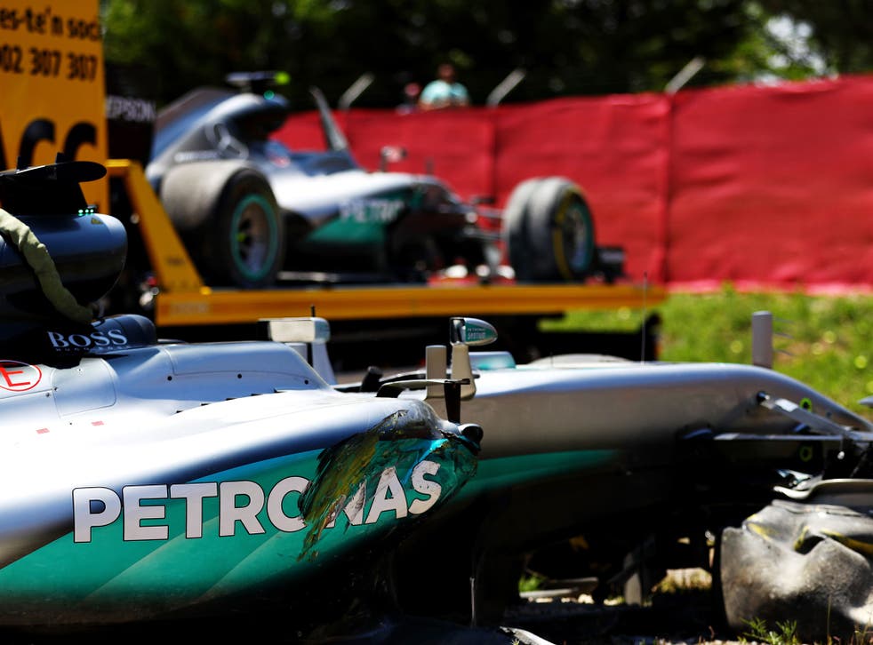 The cars of Nico Rosberg and Lewis Hamilton after their crash