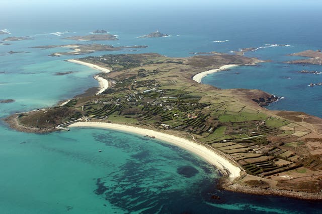 An aerial view of the Isles of Scilly, off the south-western coast of Great Britain