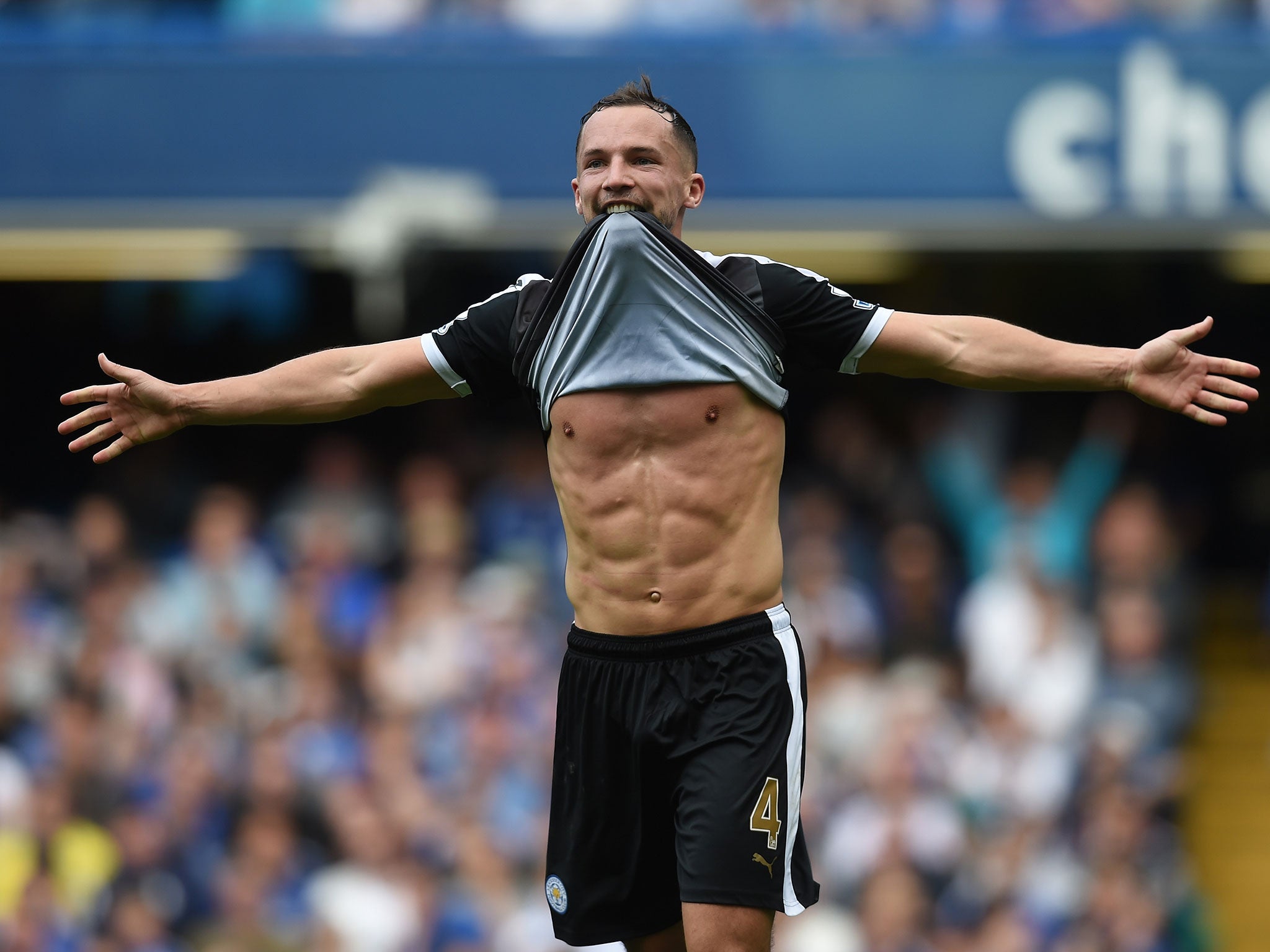 Danny Drinkwater celebrates his goal for Leicester against Chelsea