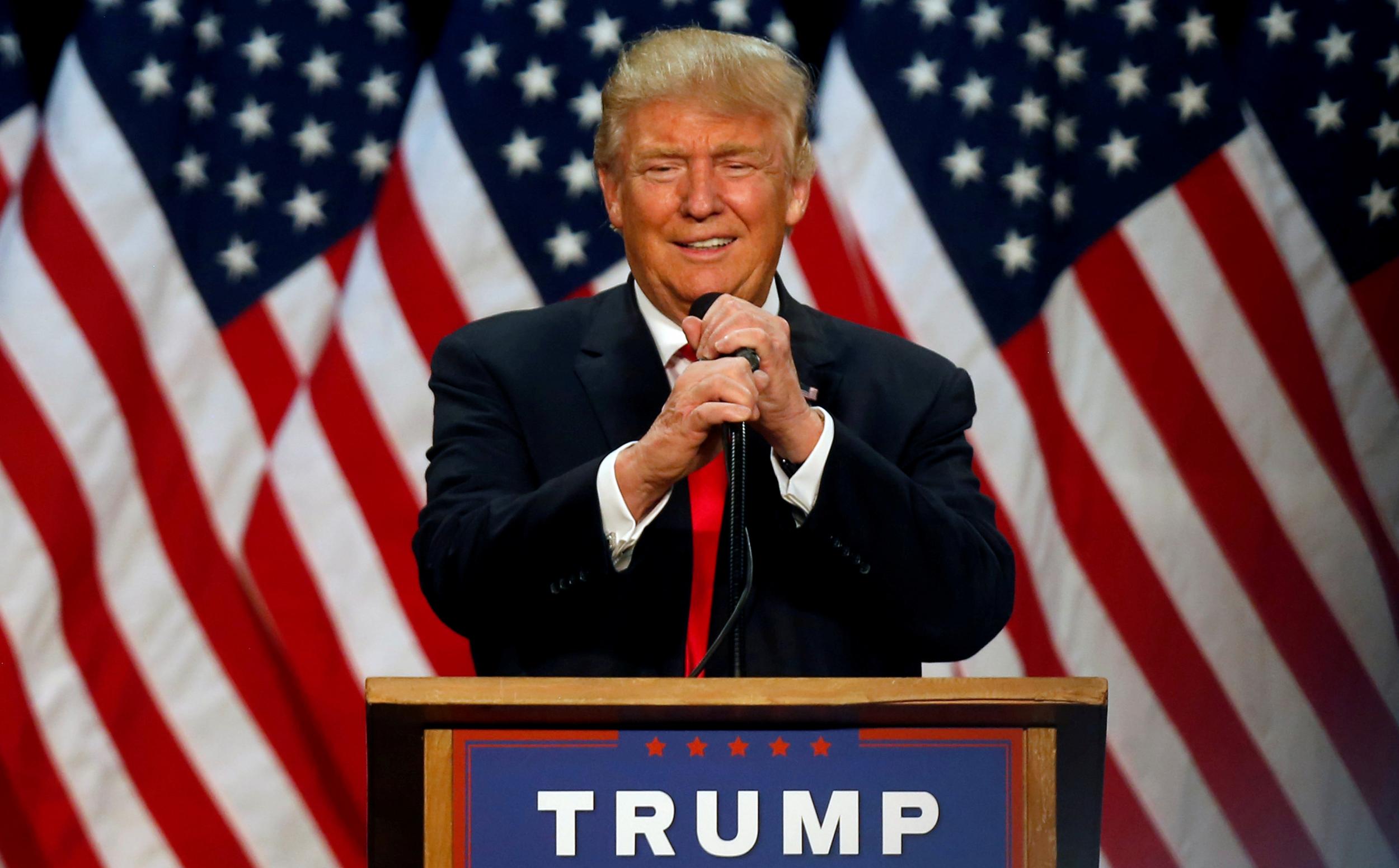 Republican U.S. presidential candidate Donald Trump speaks at a campaign rally in Eugene, Oregon, U.S