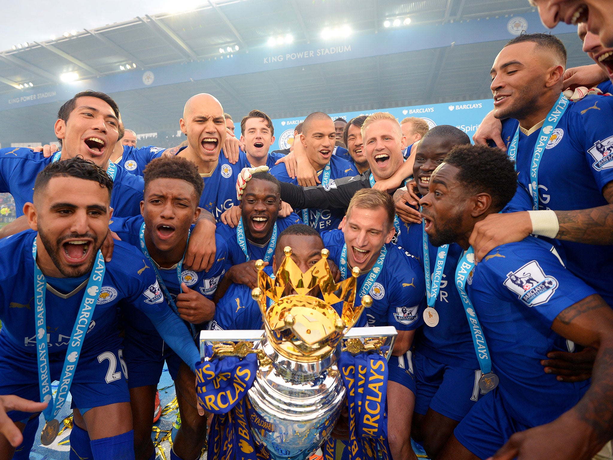 Leicester City celebrate with the Premier League trophy