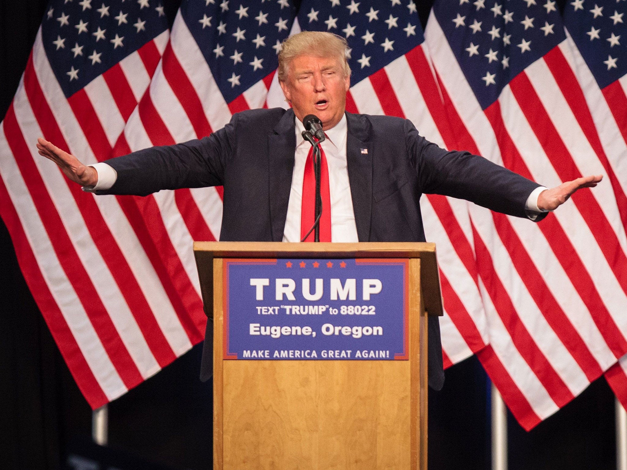 File photo taken on May 05, 2016 shows US Republican presidential candidate Donald Trump addressing supporters in Eugene, Oregon