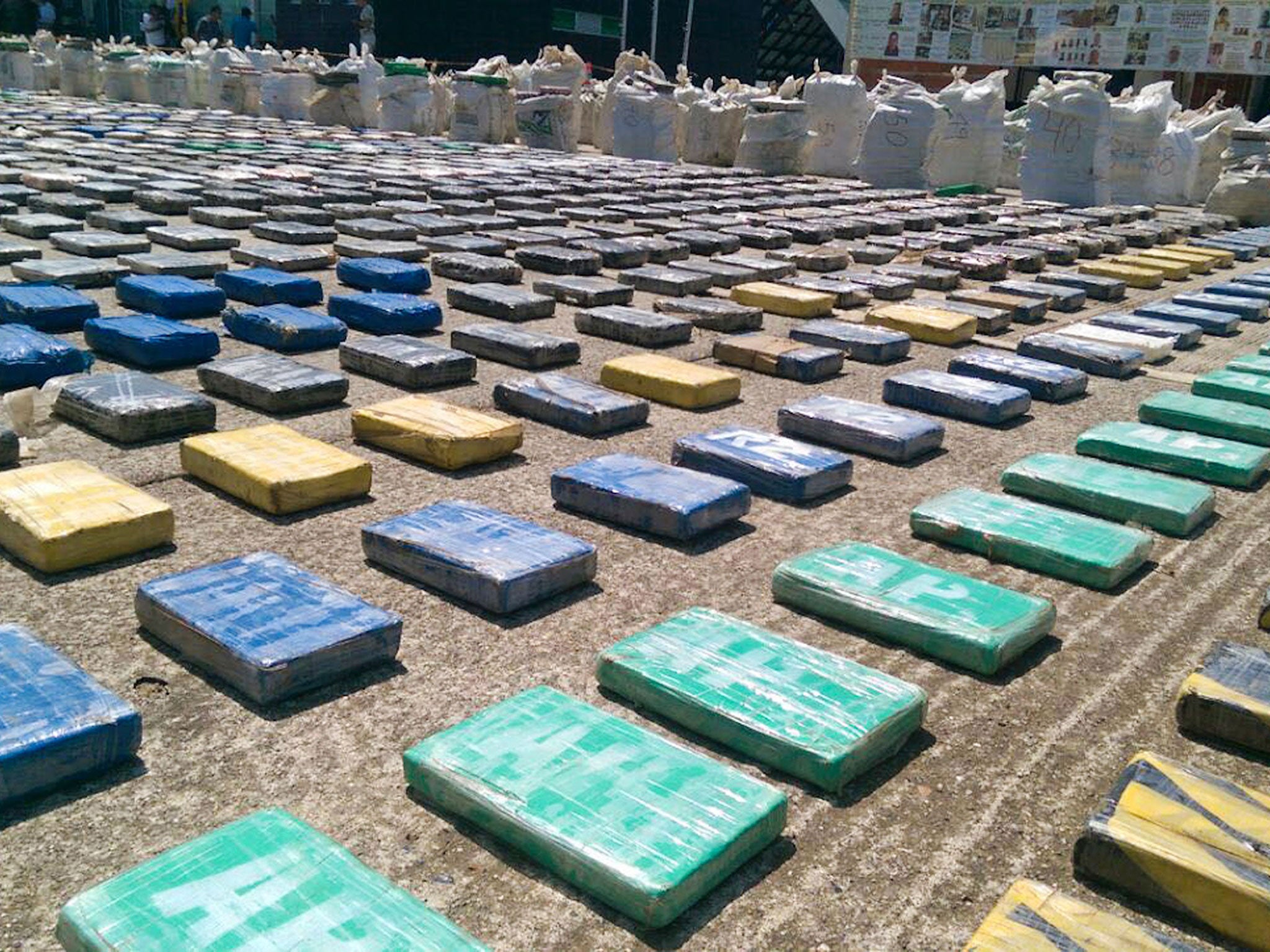 Colombian police photo showing eight tons of seized cocaine in Turbo