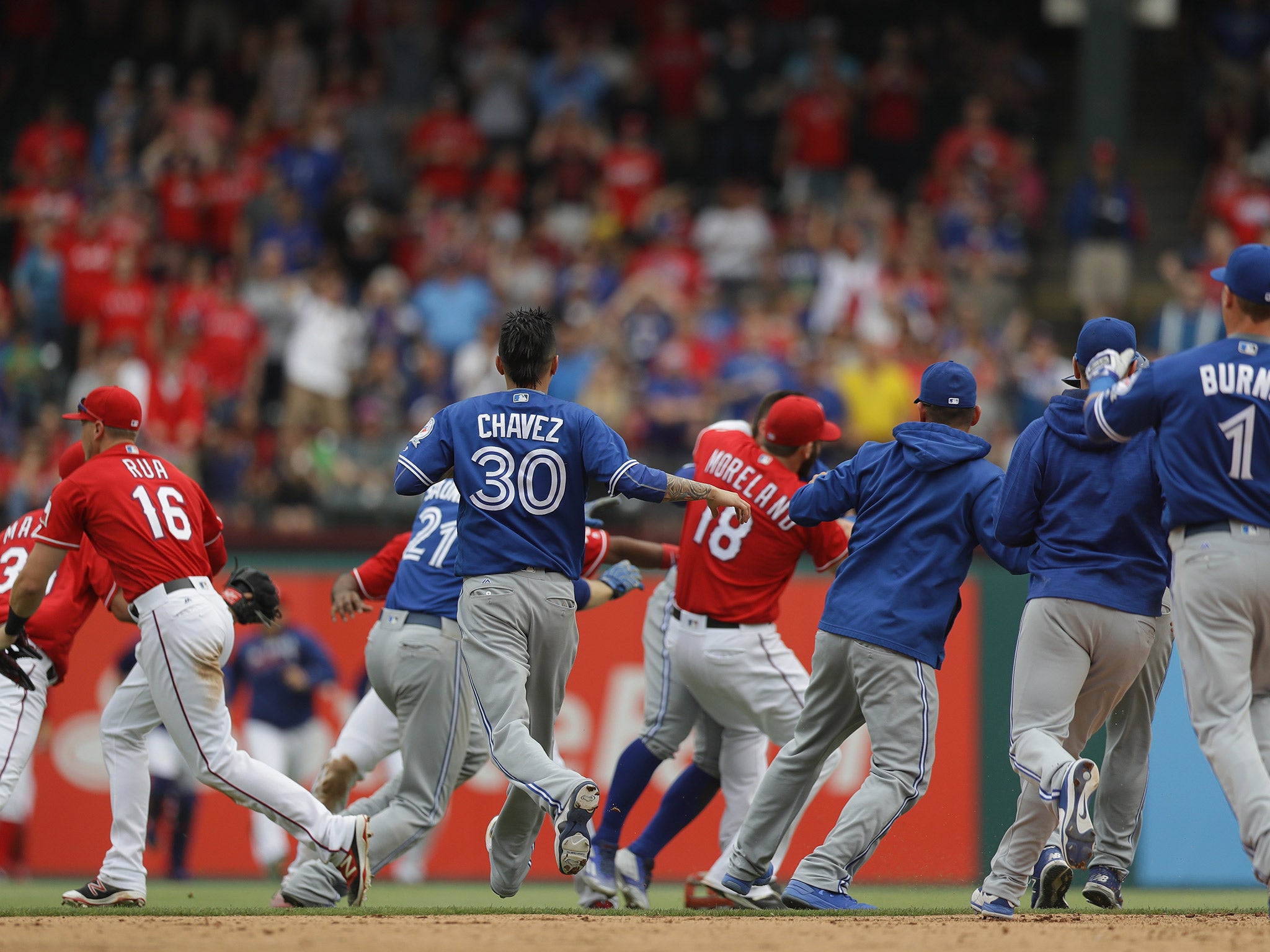 Jesse Chavez (#30) was also ejected after pitching a ball at Prince Fielder