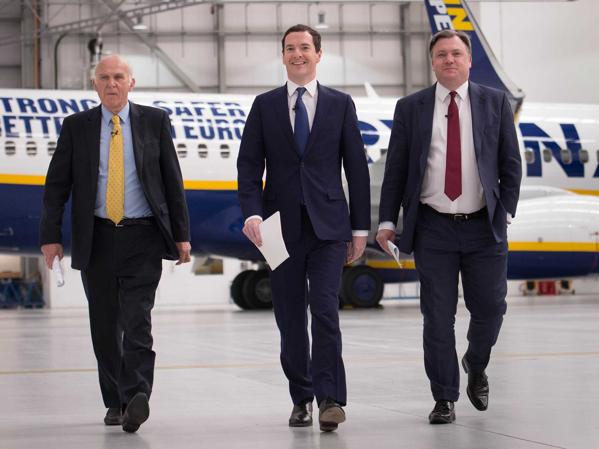George Osborne is joined by former adversaries Ed Balls and Sir Vince Cable, in the Ryanair hangar at Stansted Airport, where he said that 450 jobs and almost £1 billion in investment announced by Ryanair would be "at risk if we left the EU"
