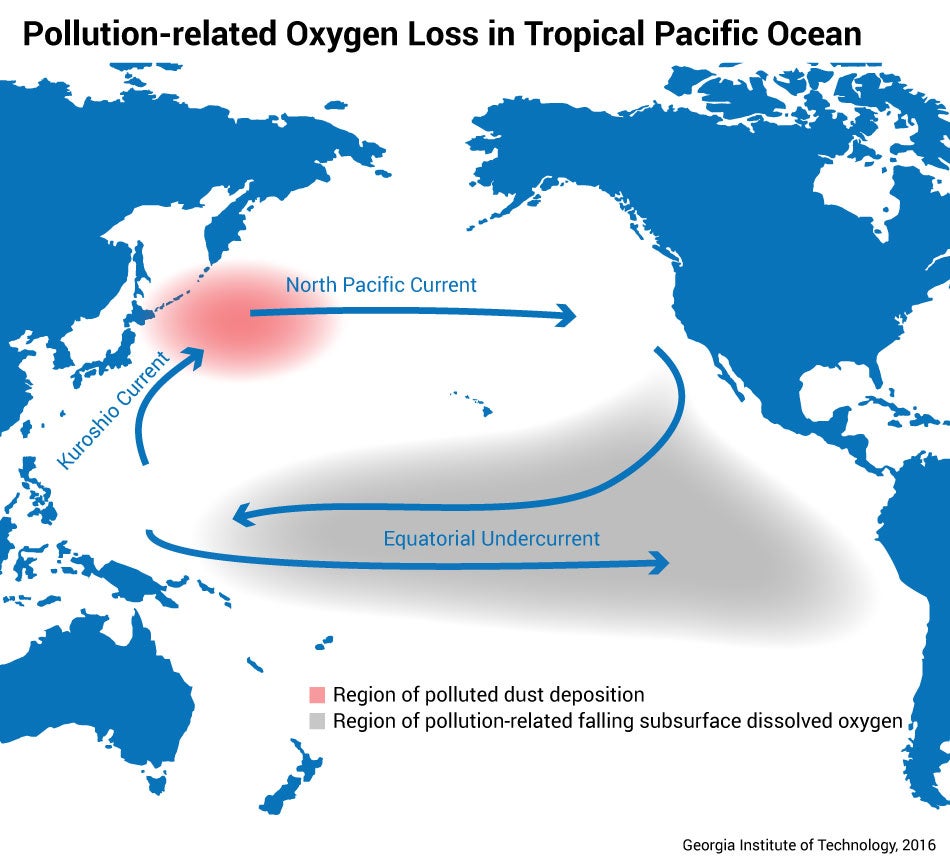 As iron is deposited from air pollution off the coast of East Asia, ocean currents carry the nutrients far and wide