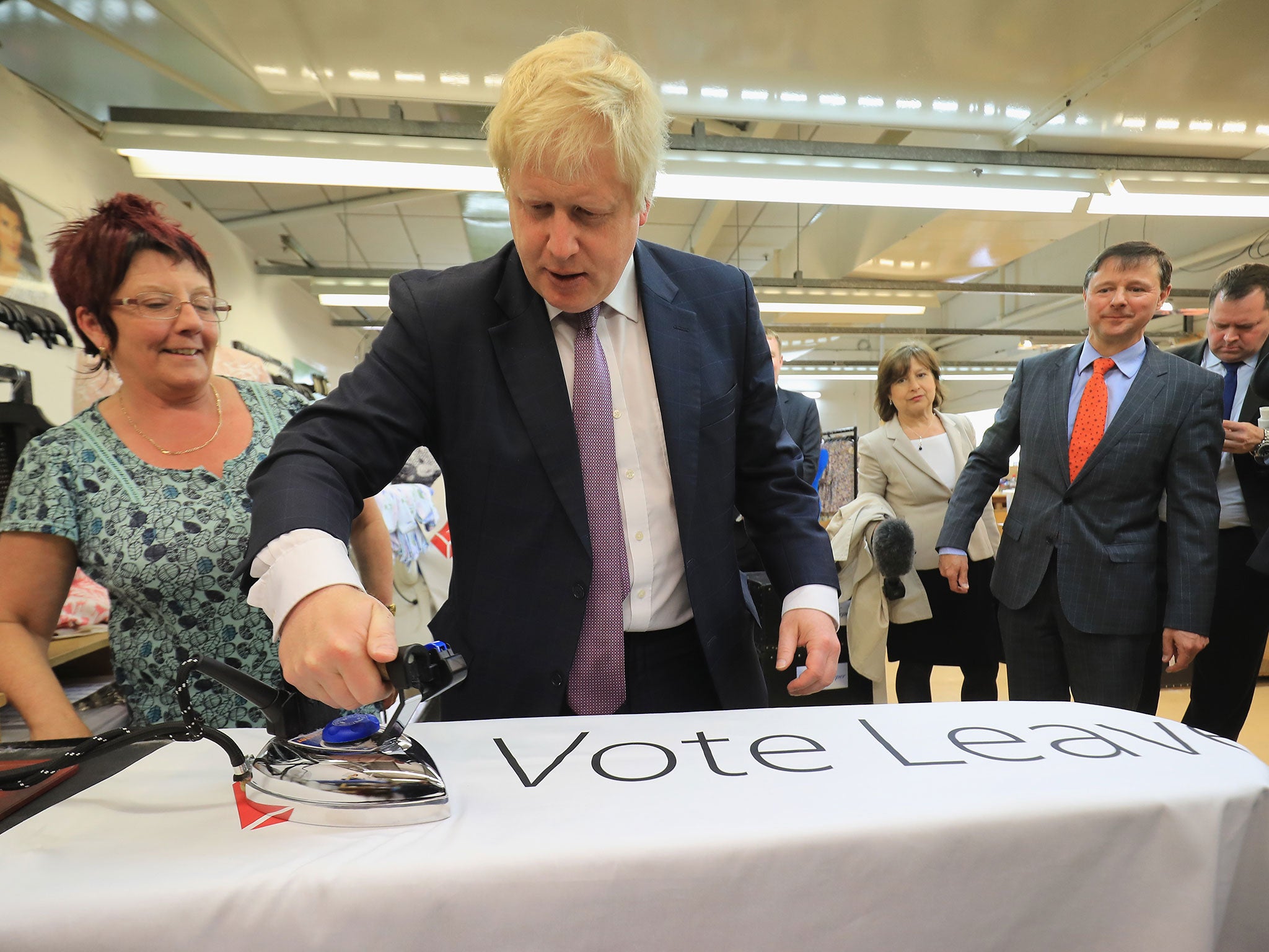 Boris Johnson making a visit yesterday to David Nieper Ltd, a manufacturer of luxury women's clothing and nightwear, as part of the Vote Leave tour