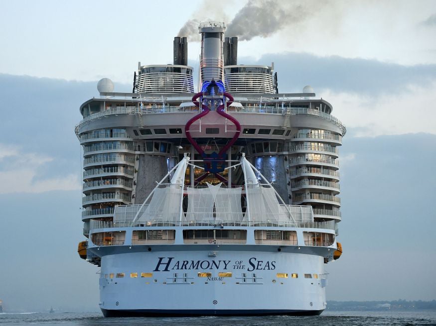 The world's largest passenger ship, MS Harmony of the Seas, owned by Royal Caribbean, makes her way up Southampton Water into Southampton ahead of her maiden cruise