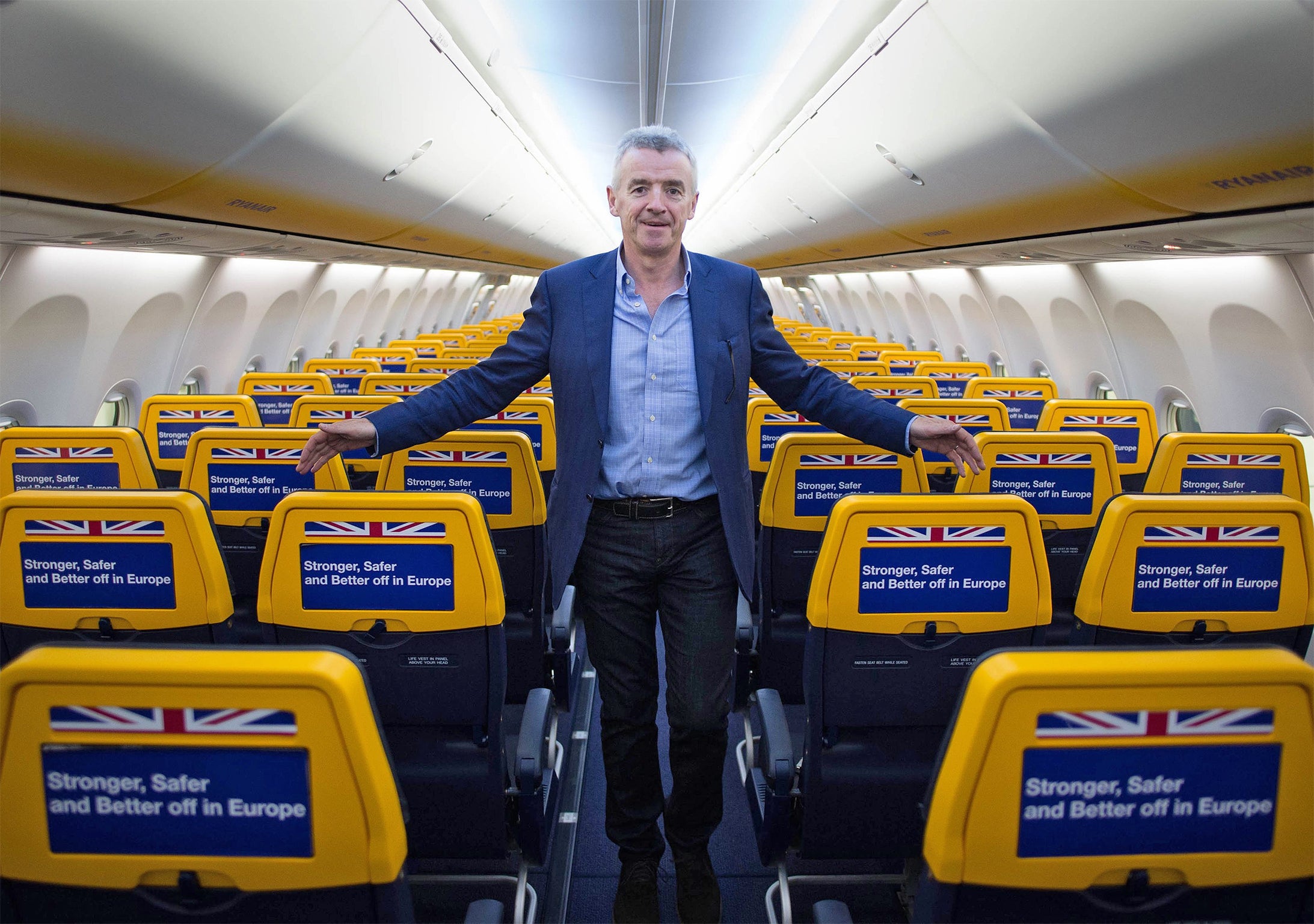 Ryanair chief executive Michael O'Leary has plastered pro-EU slogans on the seats of his fleet