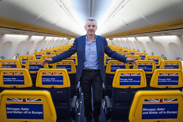 Ryanair chief executive Michael O'Leary has plastered pro-EU slogans on the seats of his fleet