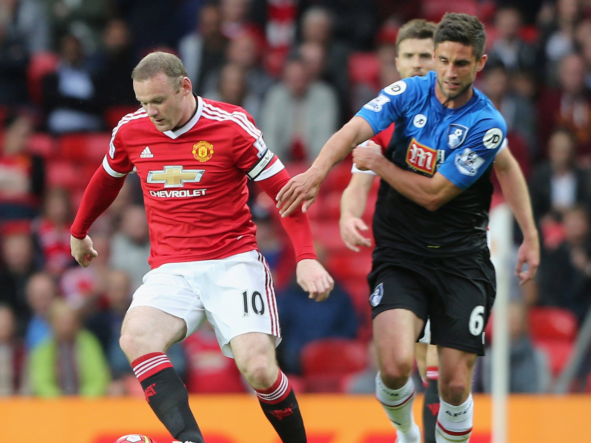 Wayne Rooney holds off Andrew Surman