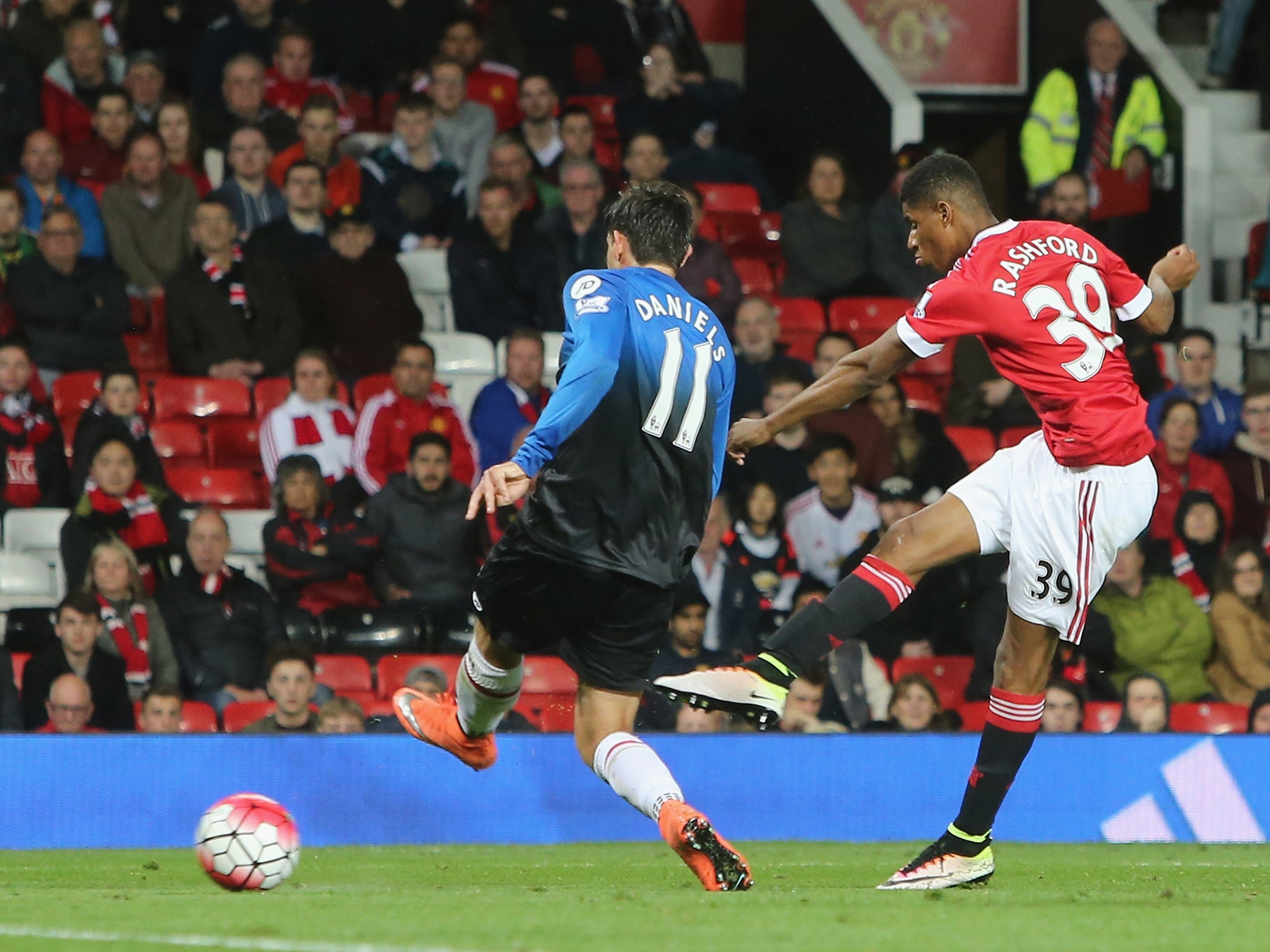 Marcus Rashford fires home United's second of the game