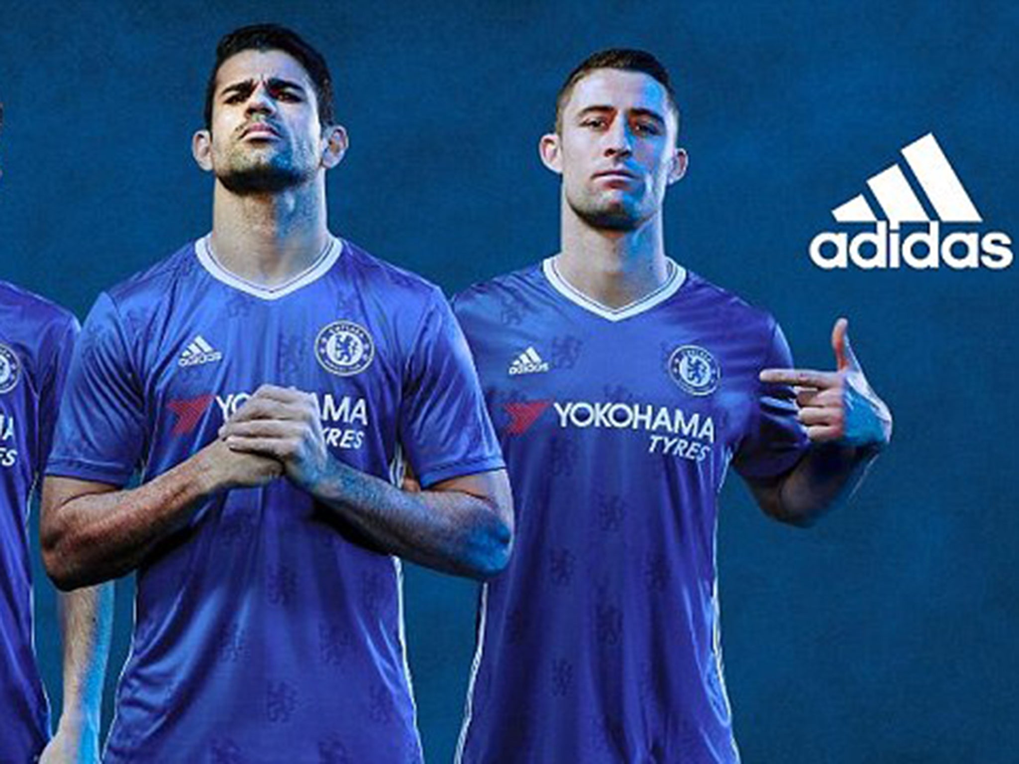 Diego Costa and Gary Cahill pose in Chelsea's 2016/17 Adidas kit