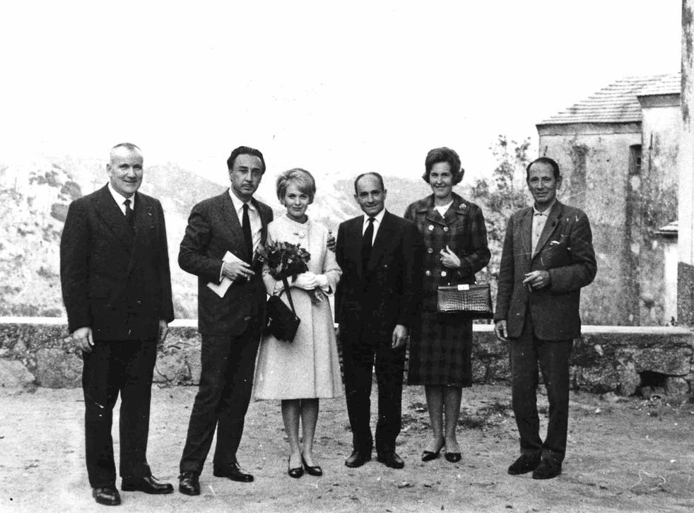 Jean Seberg and Romain Gary with a few witnesses on the day of their secret wedding in Corsica