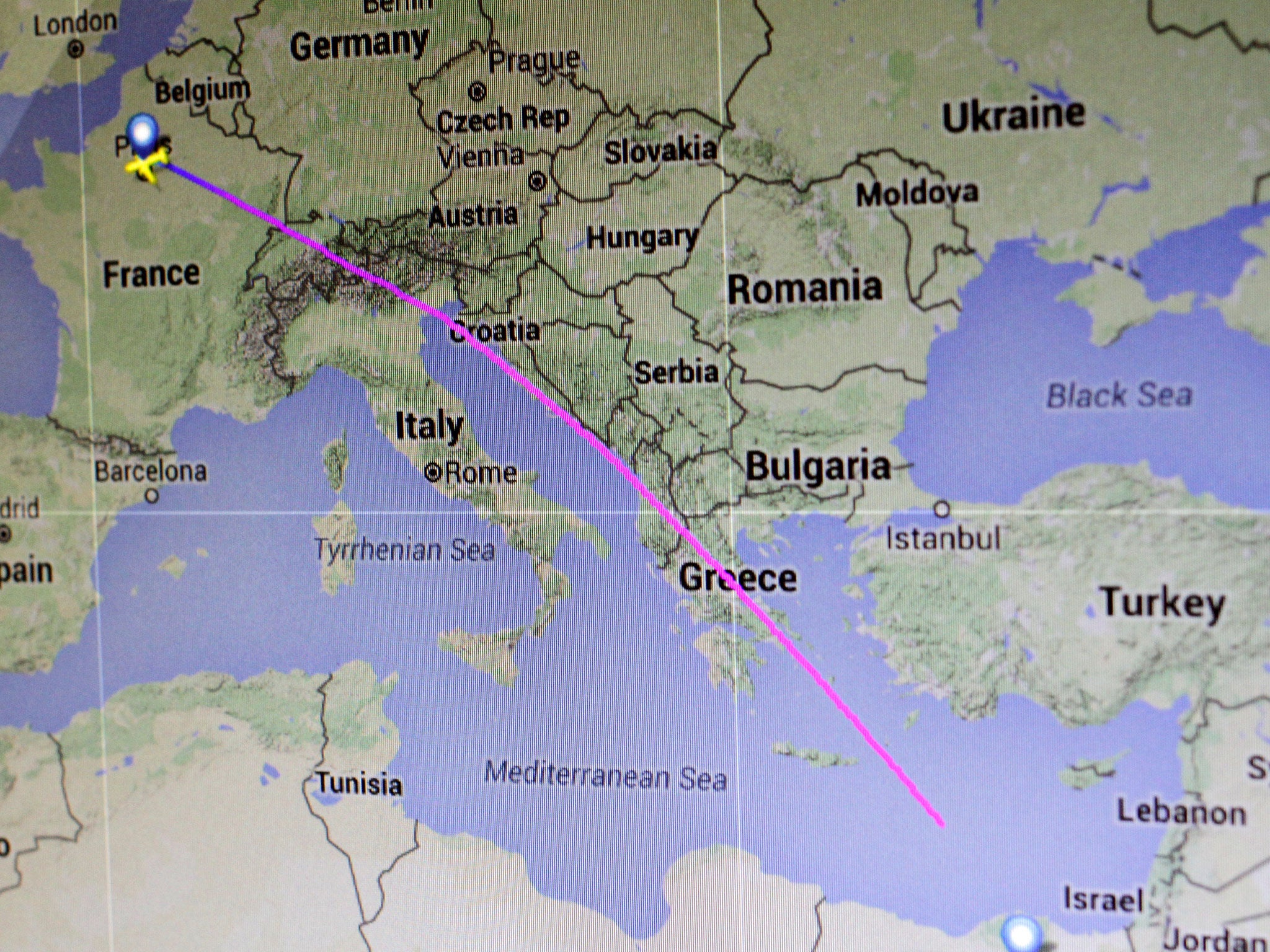 The flight path of EgyptAir flight MS804 from Paris to Cairo is seen on a flight tracking screen