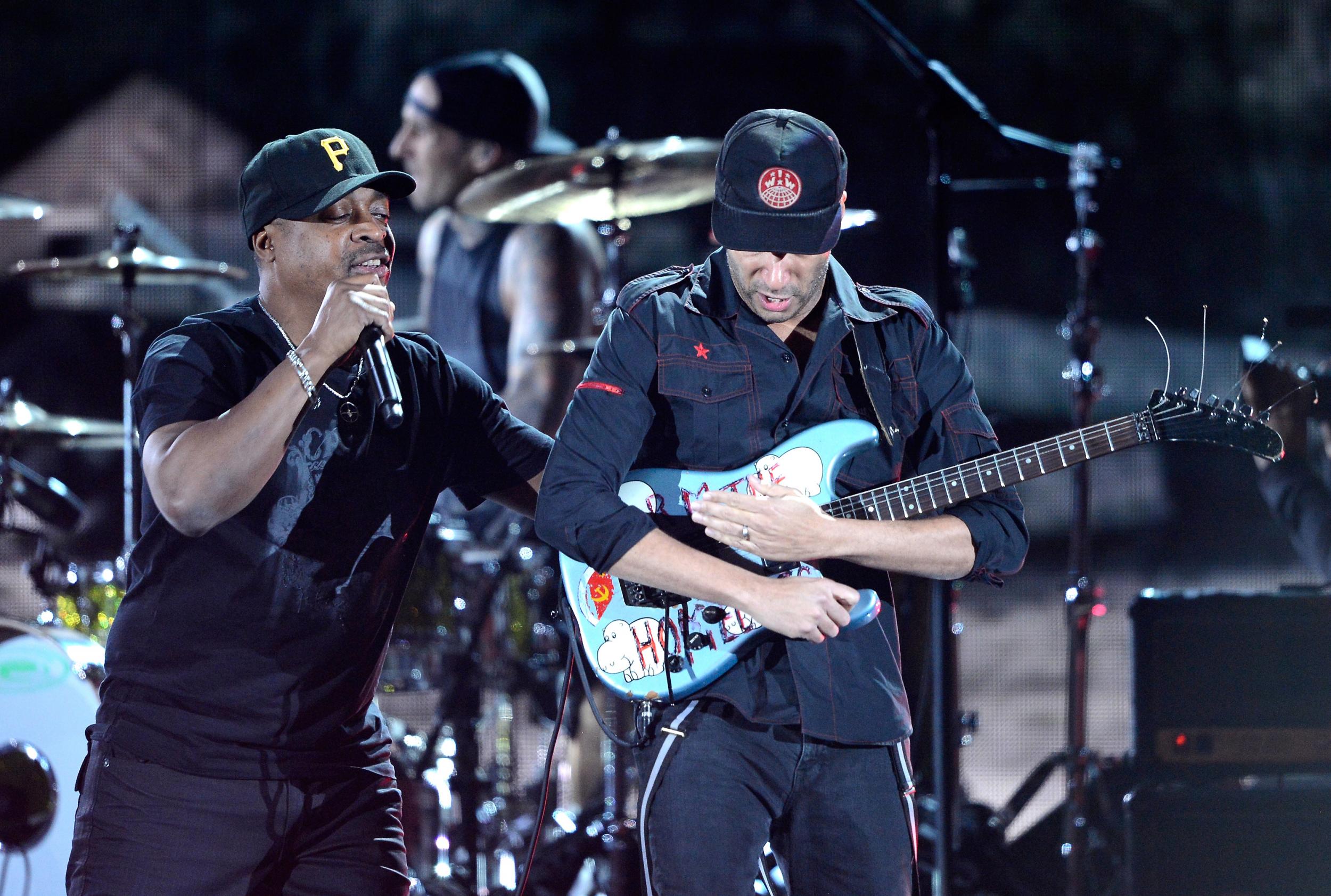 Chuck D and Tom Morello perform together at the 2013 Grammy Awards