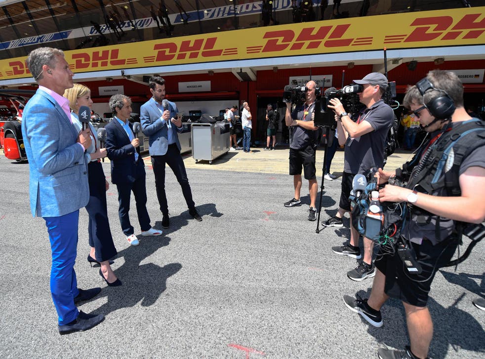 Channel 4's team of David Coulthard, Susie Wolff, Alain Prost and Steve Jones in the Barcelona pit lane