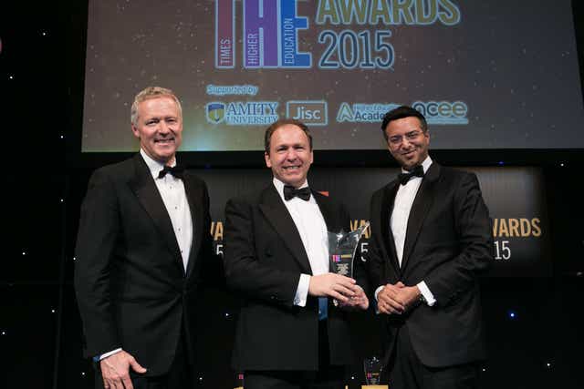 Rory Bremner, Professor Kevin Kerrigan and Atul Chauhan, Chancellor of Amity University and category sponsor