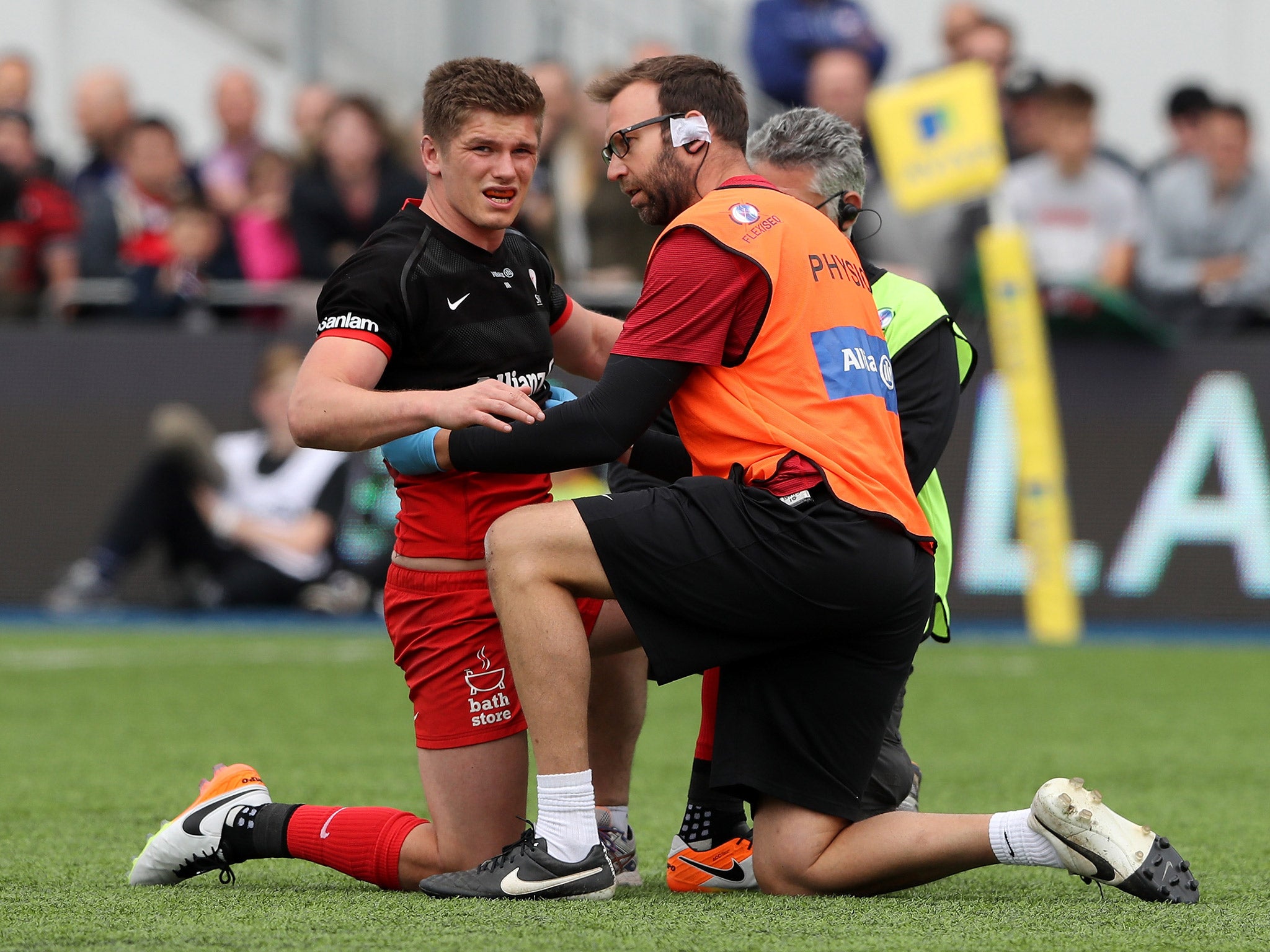 Owen Farrell was forced off after receiving two hard tackles