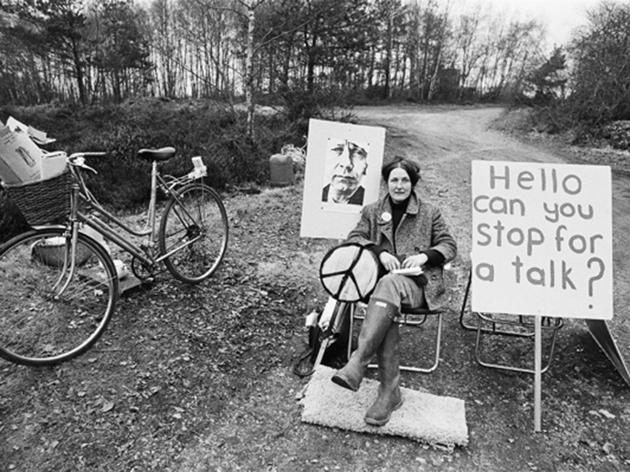 A picket mounted on the missile silo construction road by the Women’s Peace Camp at RAF/USAF Greenham Common, Berkshire
