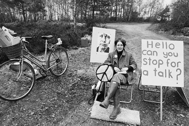 A picket mounted on the missile silo construction road by the Women’s Peace Camp at RAF/USAF Greenham Common, Berkshire