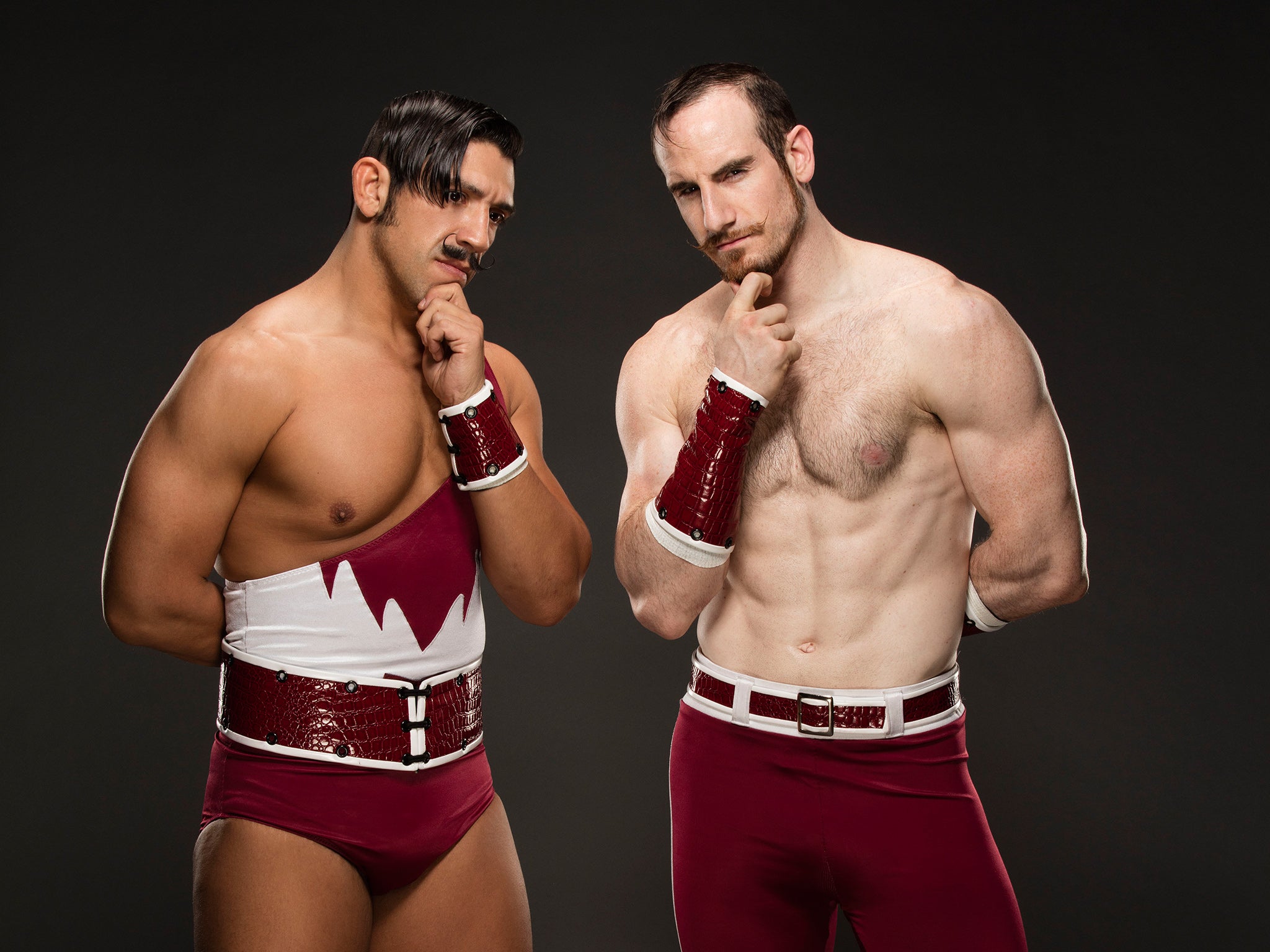 &#13;
Aiden English, right, and his tag team partner Simon Gotch?&#13;