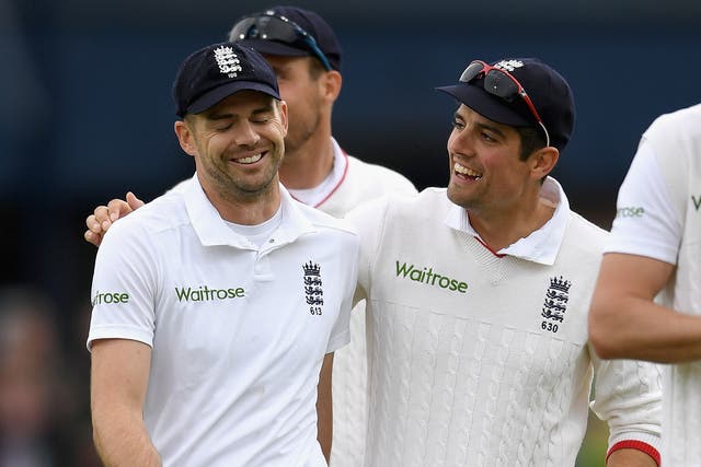 James Anderson and Alastair Cook celebrate the First Test victory over Sri Lanka