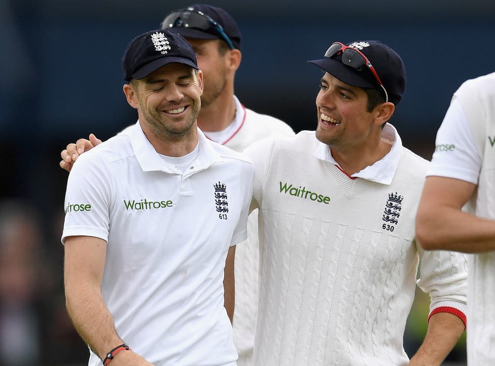 James Anderson and Alastair Cook celebrate the First Test victory over Sri Lanka