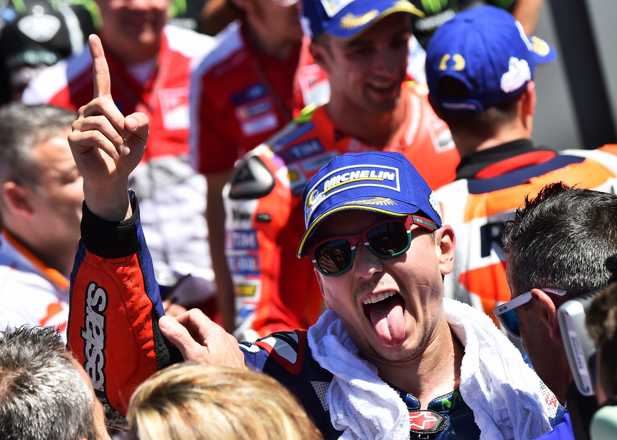 Jorge Lorenzo celebrates winning the Italian Grand Prix