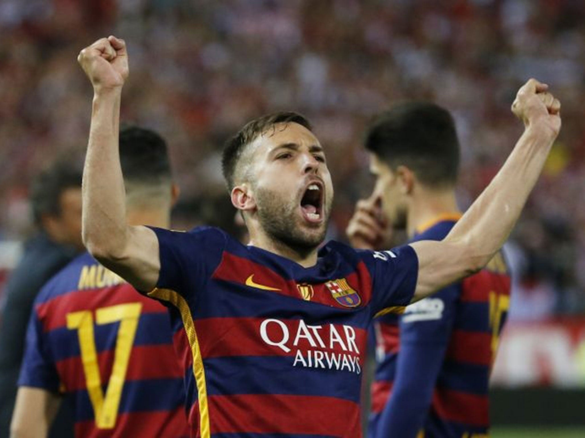 Barcelona's Jordi Alba celebrates after winning the Copa del Rey Final
