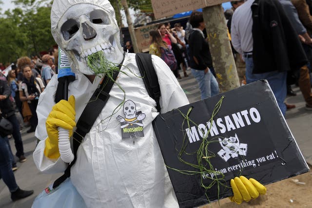 A protester wearing a chemical protection takes part in a March Against Monsanto at Place de la Republique in Paris, Saturday, May 21, 2016