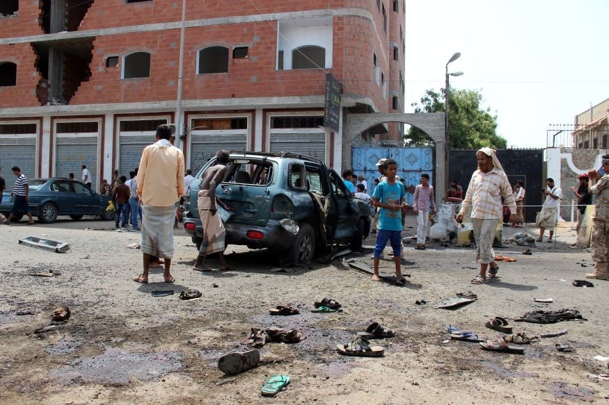 The aftermath of the twin suicide attacks which killed 45 people in the Yemeni port city of Aden