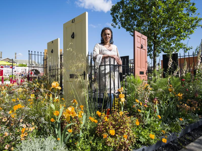 Juliet Sargeant, the first black designer in the Chelsea Flower Show’s 103-year history, in the controversial Modern Slavery Garden