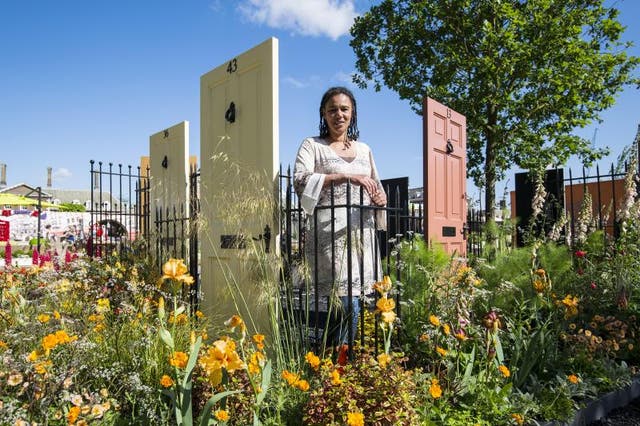 Juliet Sargeant, the first black designer in the Chelsea Flower Show’s 103-year history, in the controversial Modern Slavery Garden