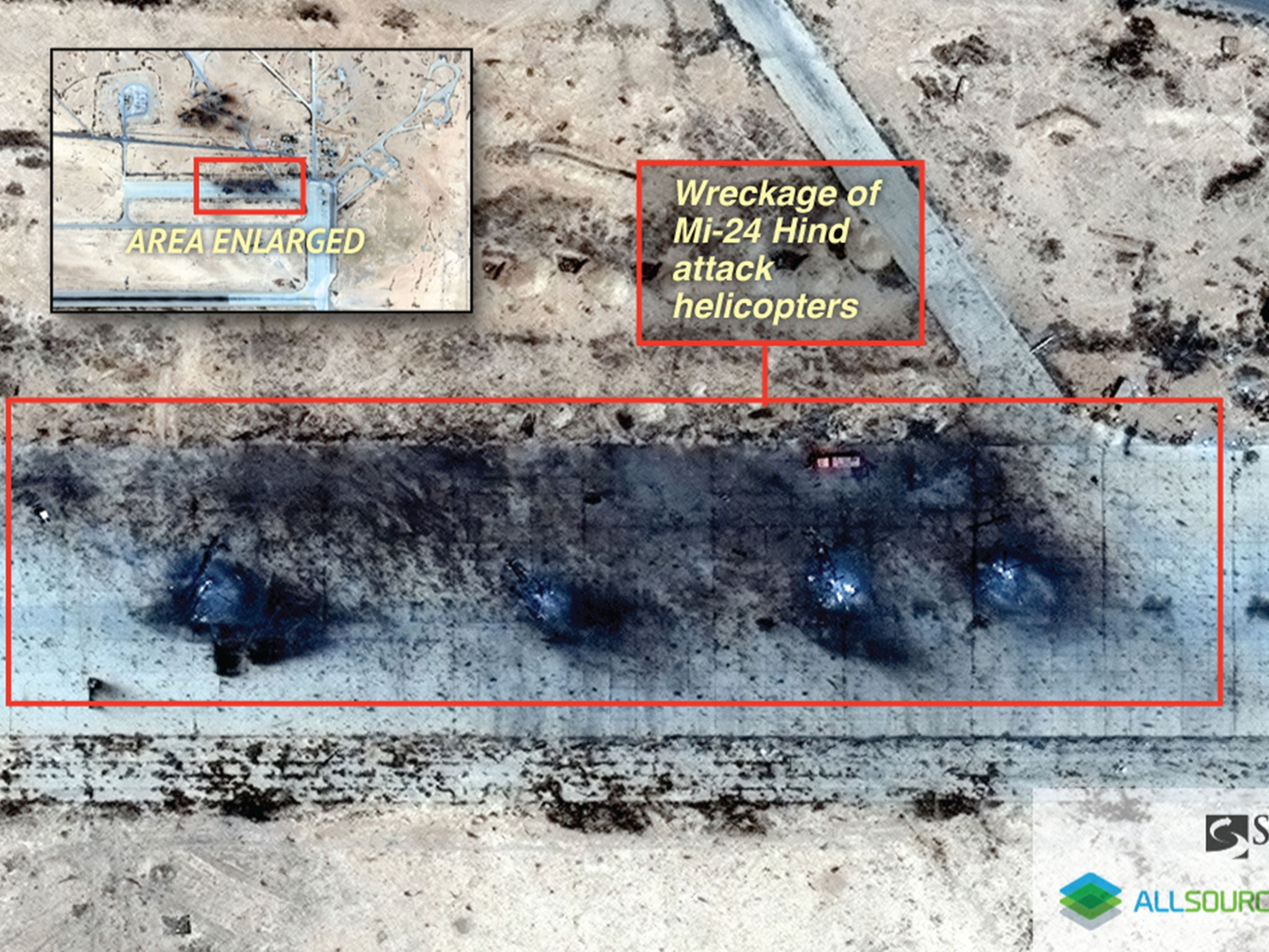Satellite images taken on 17 May and acquired by Stratfor show the destroyed wreckage of four Russian Mi-24 Hind attack helicopters