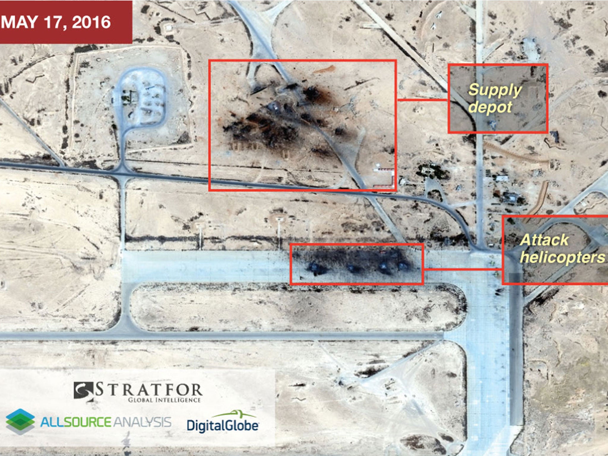 Satellite images taken on 17 May and acquired by Stratfor show the the extent of damage at the T4 base in Homs province