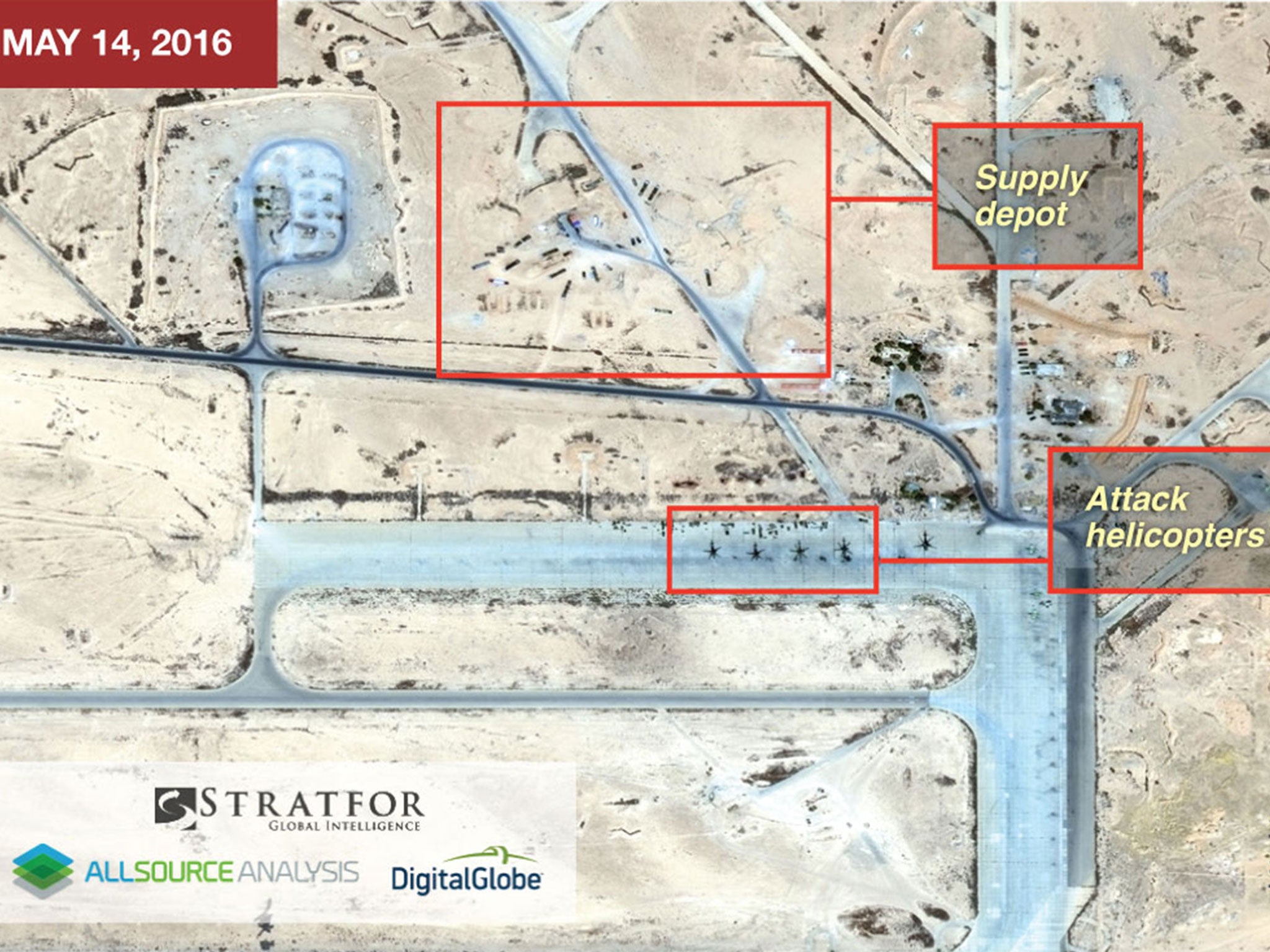 Satellite images acquired by Stratfor and taken on 14 May show the T4 base in Homs province before the fire