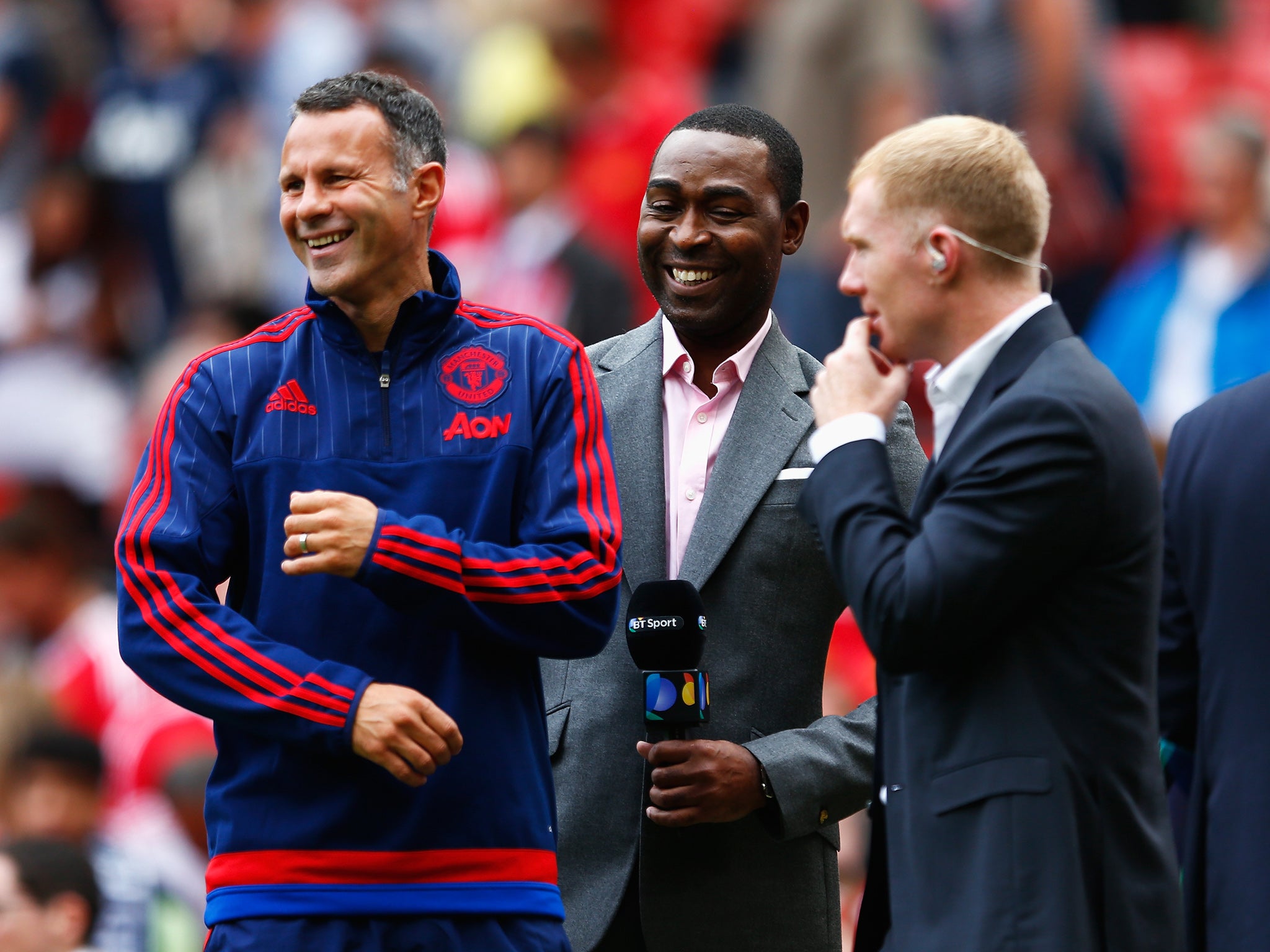 Giggs shares a joke with former team-mates Scholes and Andy Cole
