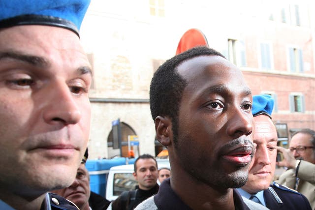 Rudy Guede arrives at the Perugia courthouse for the sitting of his appeal against the sentence he received in the Meredith Kercher murder trial