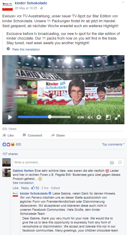 Kinder's response written below their video introducing the new packaging