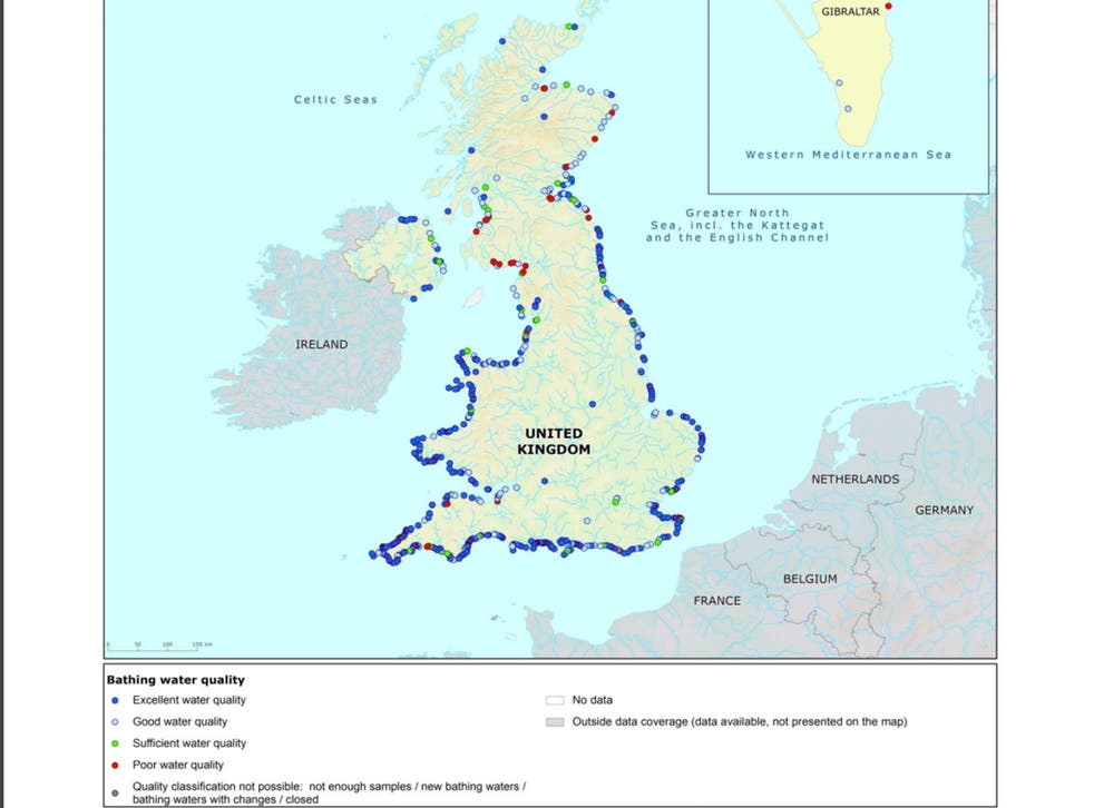 A map showing the quality of water at beaches and other bathing sites around the UK