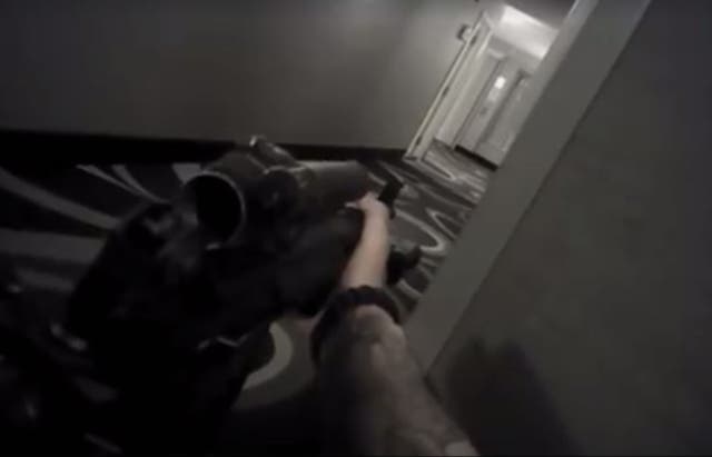 The footage that was filmed by police leading up to Daniel Shaver being shot dead shows how they hid in doorways and pointed their guns down the corridor, ordering him to exit his room