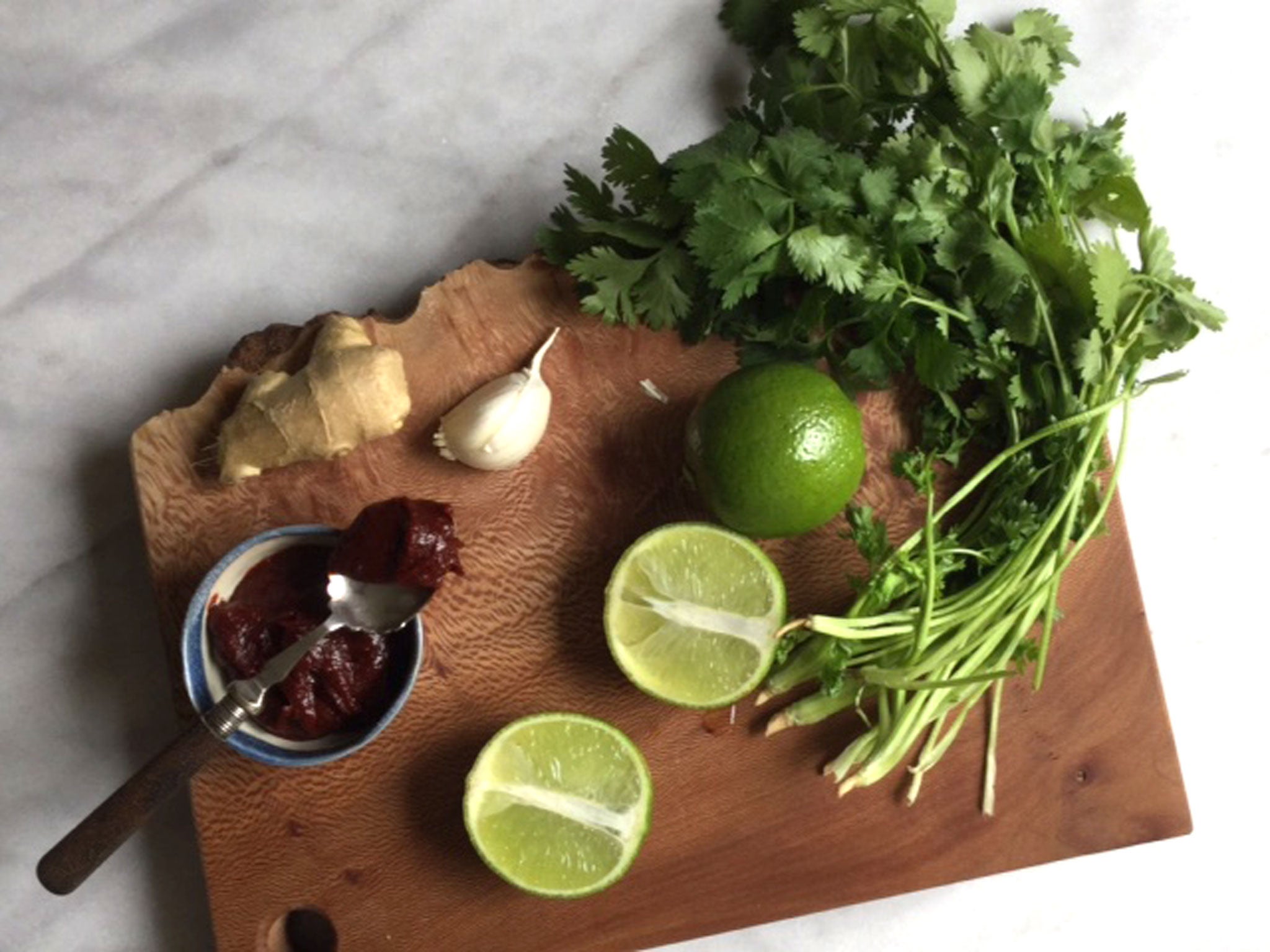 Julia adds ginger, garlic, lime, coriander, and the all-important gochujang to her dish