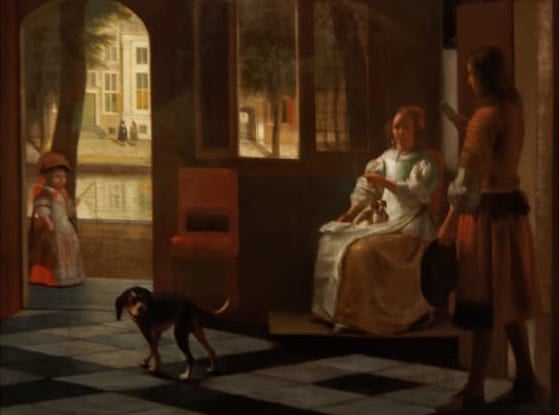 Man Handing a Letter to a Woman in the Entrance Hall of a House