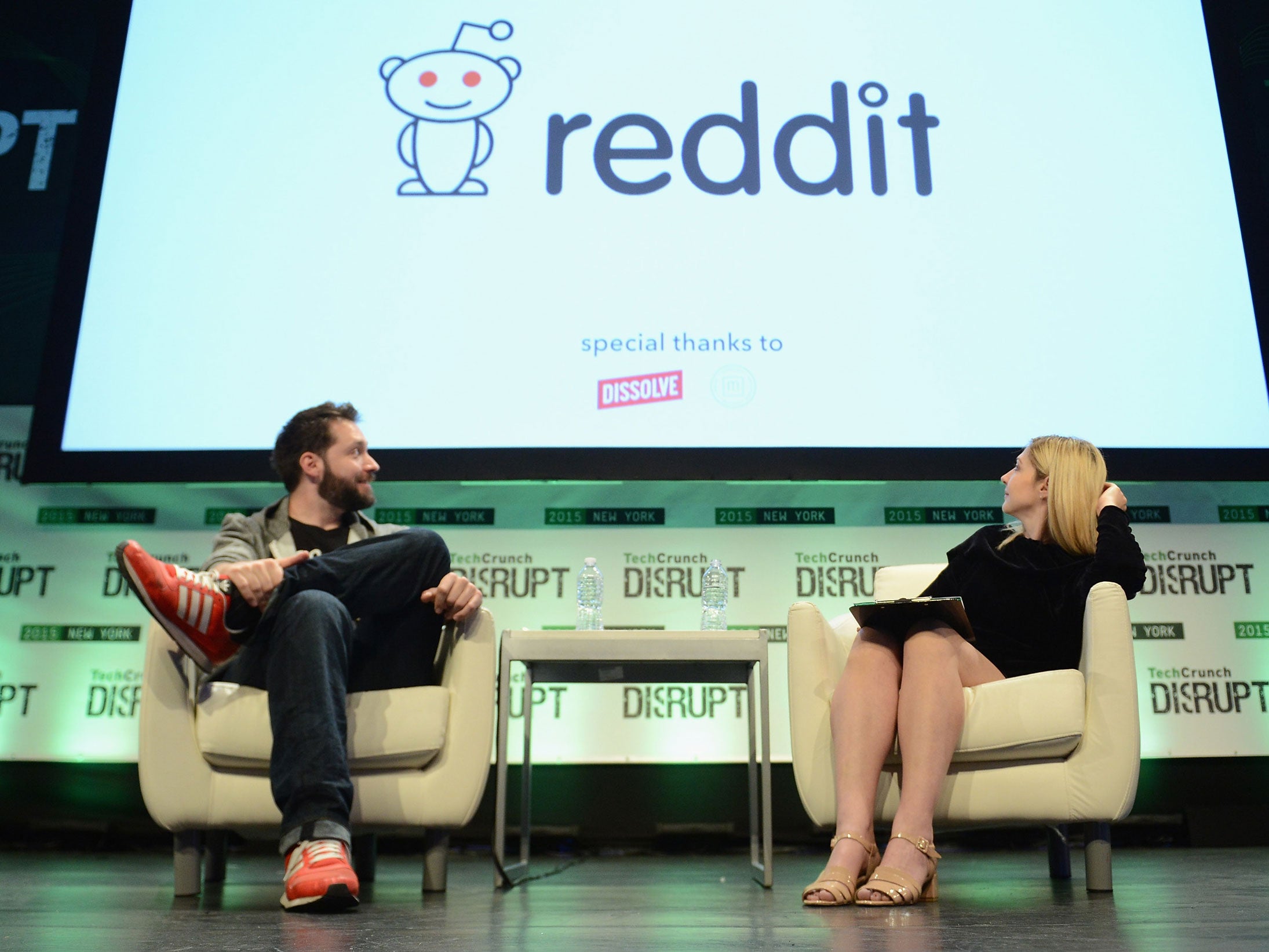 Co-Founder of Reddit Alexis Ohanian (L) and co-editor at TechCrunch, Alexia Tsotsis appear onstage during TechCrunch Disrupt NY 2015