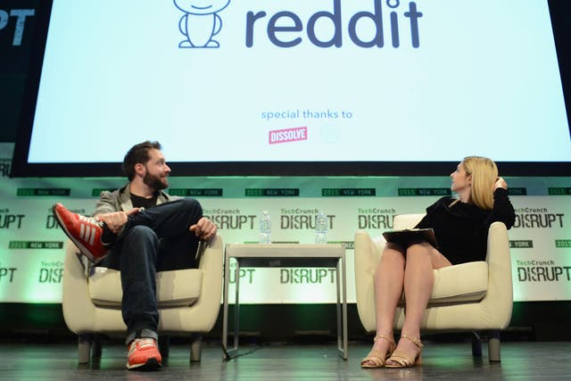 Co-Founder of Reddit Alexis Ohanian (L) and co-editor at TechCrunch, Alexia Tsotsis appear onstage during TechCrunch Disrupt NY 2015