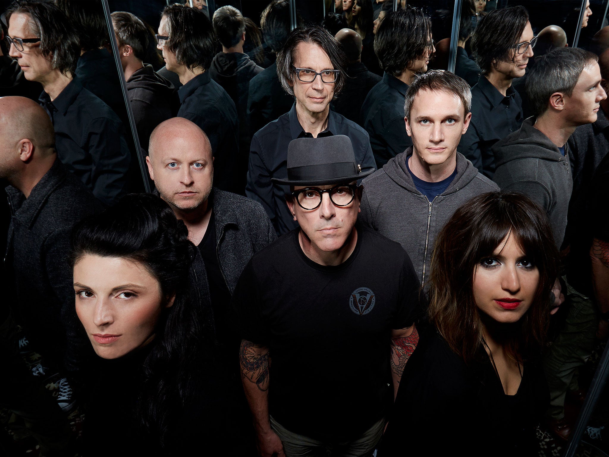 Maynard James Keenan, centre, and his Puscifer cohorts in 2016, from left to right, Carina Round, Mat Mitchell, Paul Barker, Jeff Friedl and Mahsa Zargaran