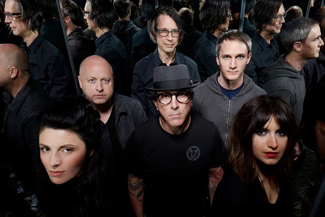 Maynard James Keenan, centre, and his Puscifer cohorts in 2016, from left to right, Carina Round, Mat Mitchell, Paul Barker, Jeff Friedl and Mahsa Zargaran