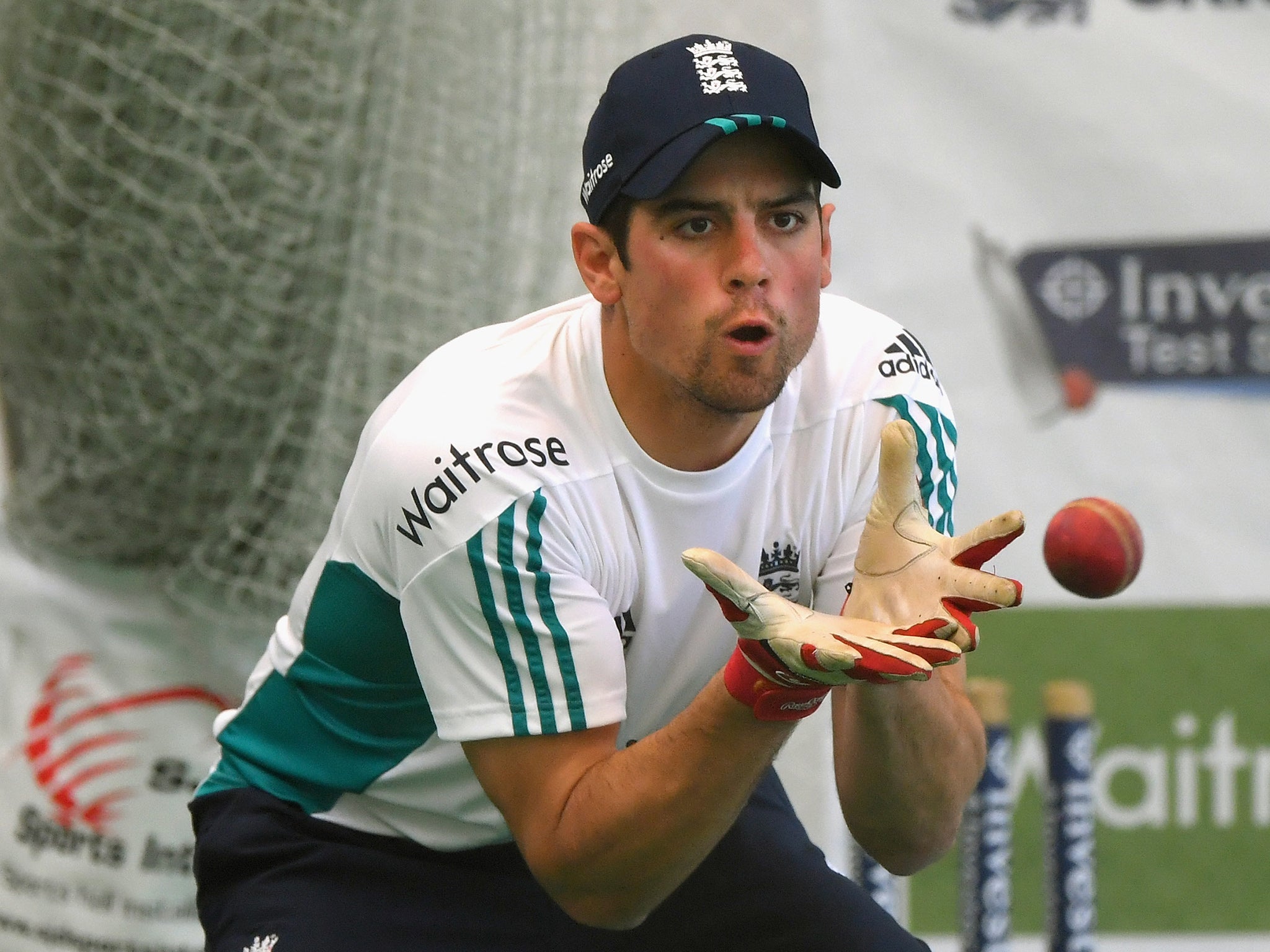 Alastair Cook keeps his eye on the ball during nets on Thursday